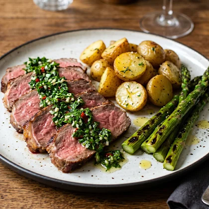 Slices of roast sirloin beef topped with green chimichurri sauce, served with Jersey Royal potatoes and charred asparagus.