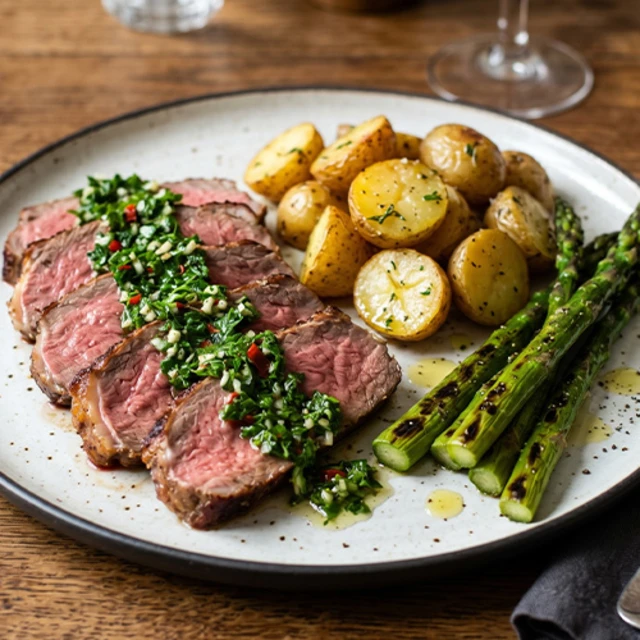 Slices of roast sirloin beef topped with green chimichurri sauce, served with Jersey Royal potatoes and charred asparagus.