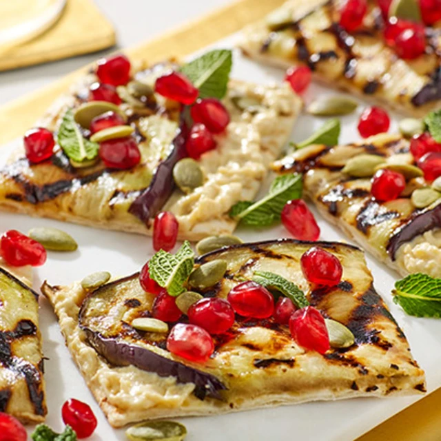 Flatbread with Houmous, Aubergine and Pomegranate