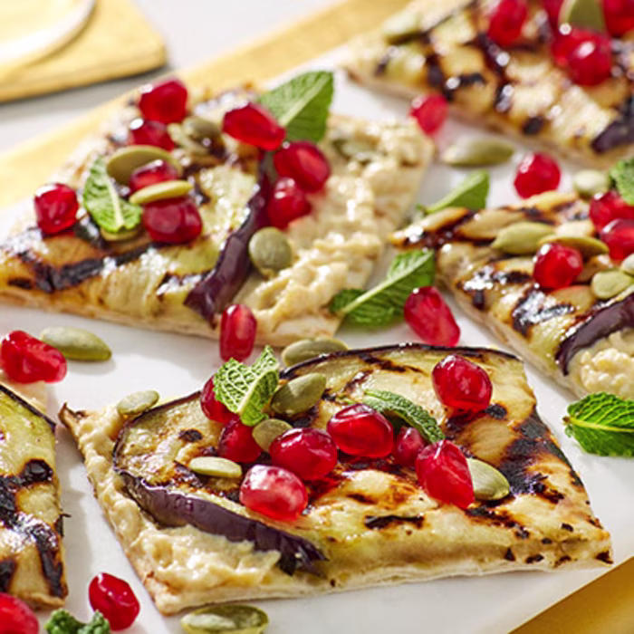 Flatbread with Houmous, Aubergine and Pomegranate