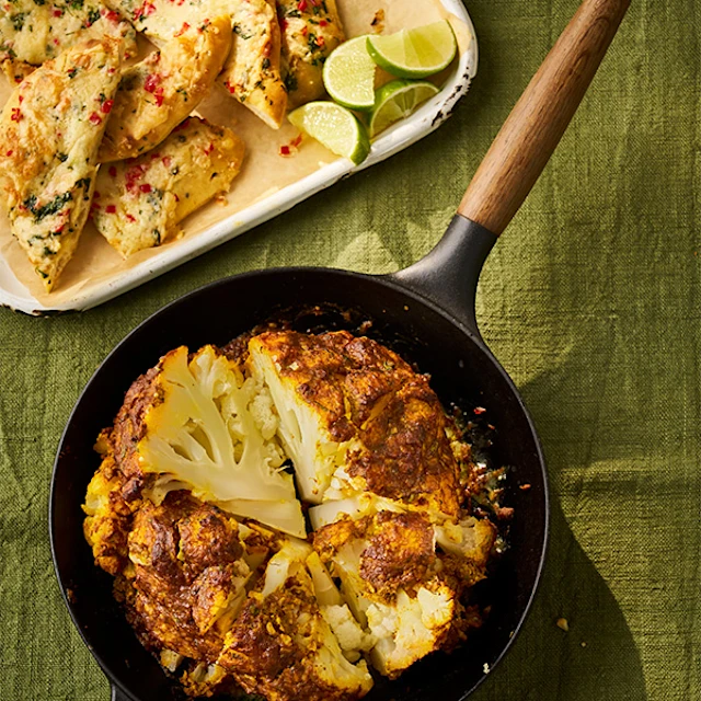 Whole Cauliflower Tikka Masala With Cheesy Naans