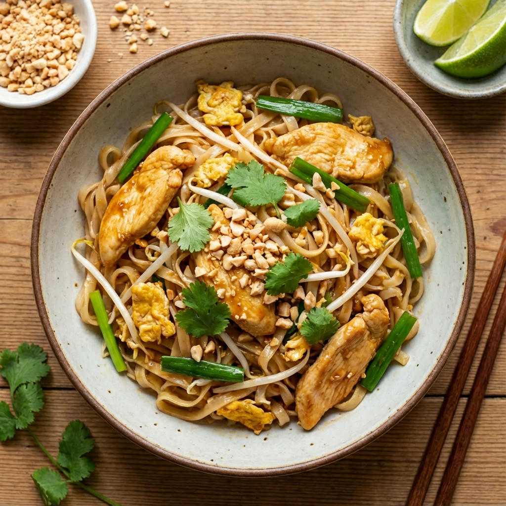 Chicken Pad Thai in a bowl surrounded by ingredients
