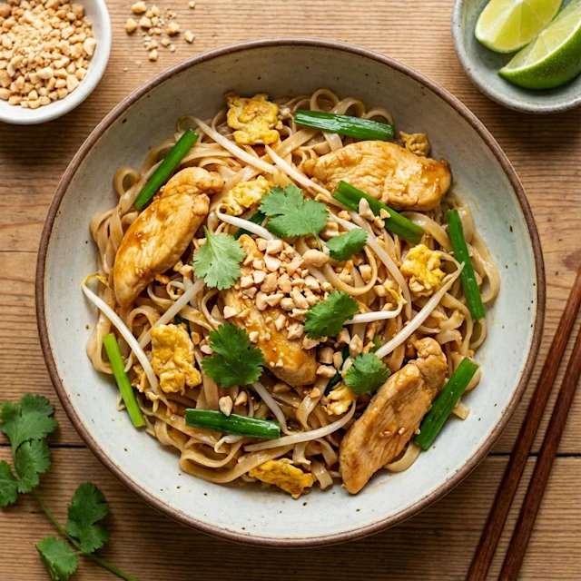 Chicken Pad Thai in a bowl surrounded by ingredients