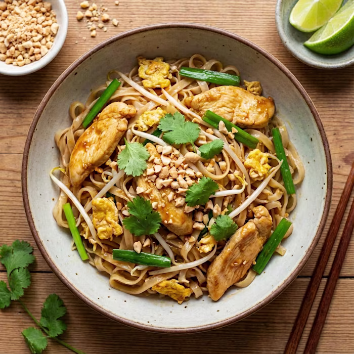Chicken Pad Thai in a bowl surrounded by ingredients
