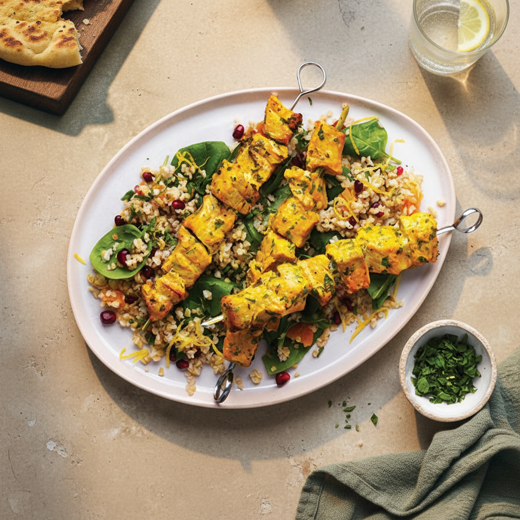 Turmeric Pork Skewers with Supergrain Salad