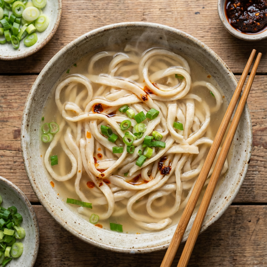 noodles in broth topped with chopped spring onion