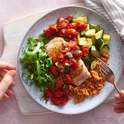 Seared Salmon Fillets with Garlic Roasted Tomatoes