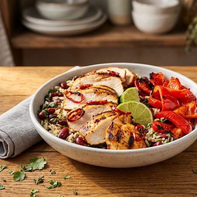 BBQ Chilli Chicken with Charred Red Pepper & Wild Rice