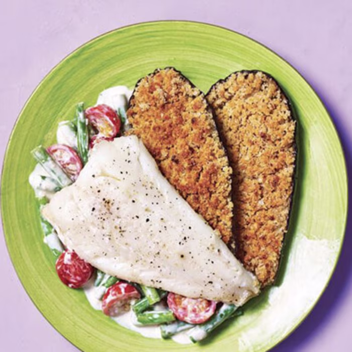Lemon Infused Fish with Aubergine Pangritata & Cheesy Sauce