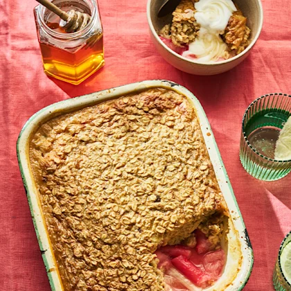 Rhubarb and Peanut Butter Baked Oats