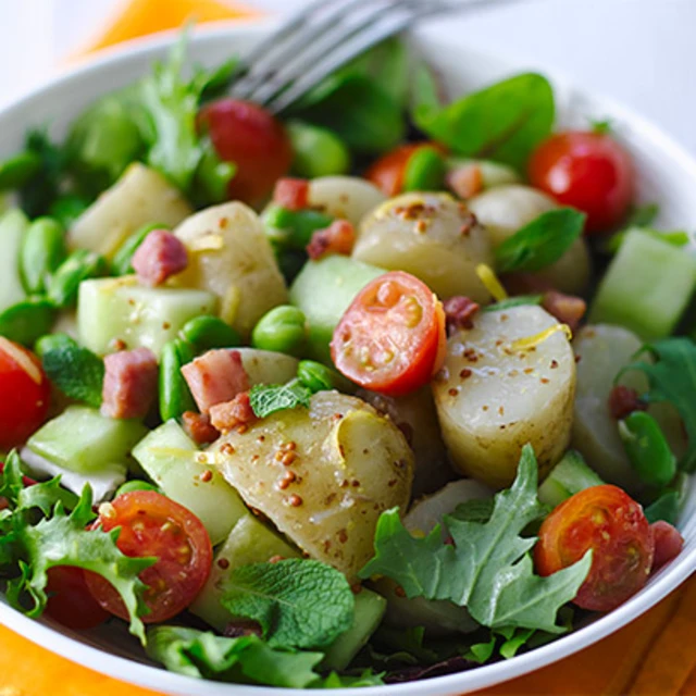 Warm Salad of Jersey Royals, Crispy Pancetta and Broad Beans