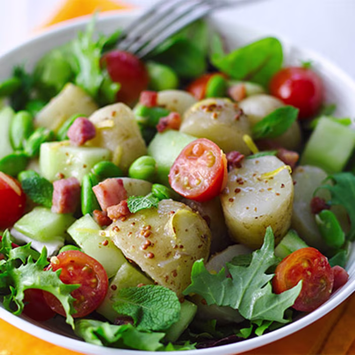 Warm Salad of Jersey Royals, Crispy Pancetta and Broad Beans