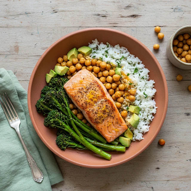 salmon bowl with rice chickpeas and broccoli