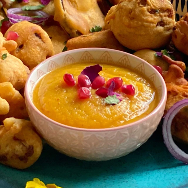 mango chutney garnished with pomegranate seeds