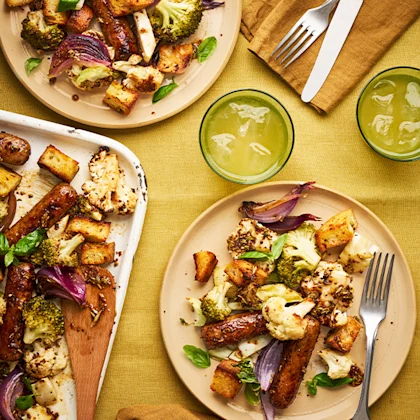 Sausage, Cauliflower & Broccoli Traybake With Garlic Butter Croutons