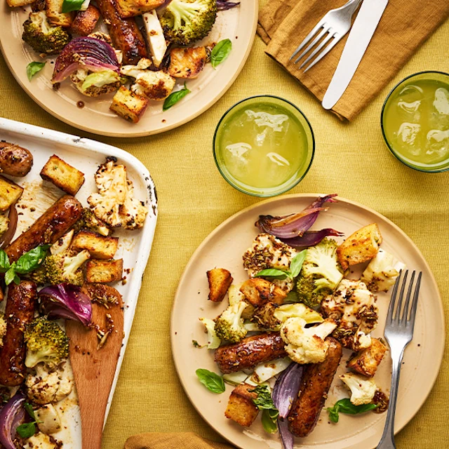 Sausage, Cauliflower & Broccoli Traybake With Garlic Butter Croutons
