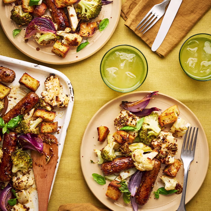 Sausage, Cauliflower & Broccoli Traybake With Garlic Butter Croutons