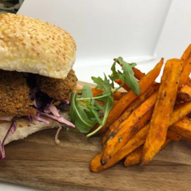 Southern Style No Chicken Burger, Rainbow Slaw and Cajun Sweet Potato Fries