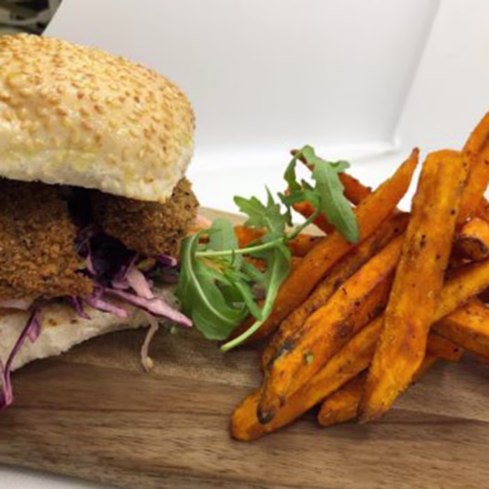 Southern Style No Chicken Burger, Rainbow Slaw and Cajun Sweet Potato Fries