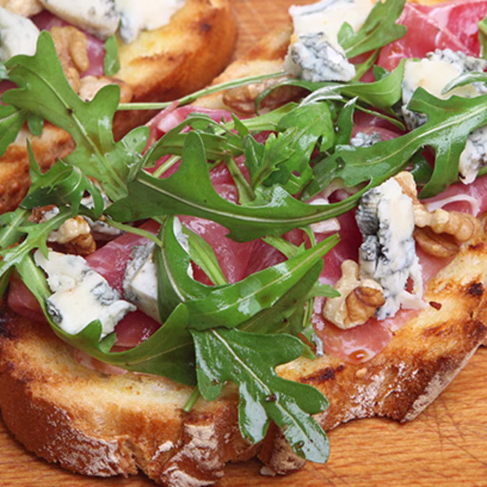 Blue Cheese, Prosciutto and Rocket Bruschetta
