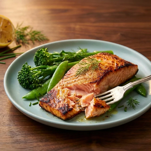 Salmon with steamed greens
