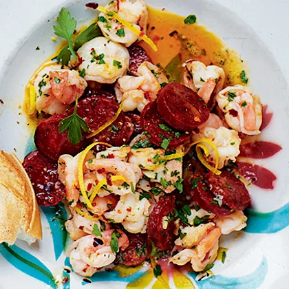 Prawns with Chorizo, Chilli and Lemon