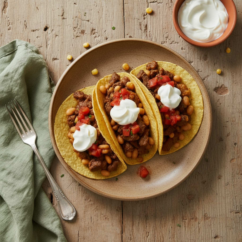 three beef tacos on a plate with serving dish of sour cream