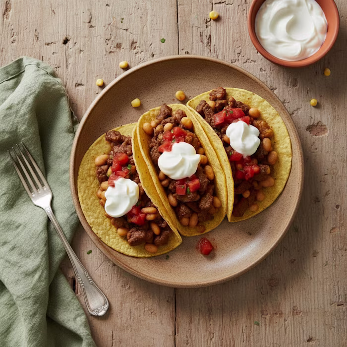 three beef tacos on a plate with serving dish of sour cream
