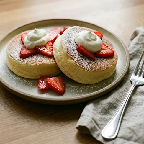 Japanese Soufflé Cloud Pancakes with cream and strawberries