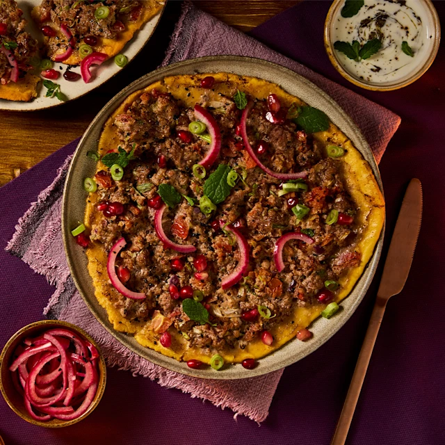 turkish flatbread with spiced lamb mince topping