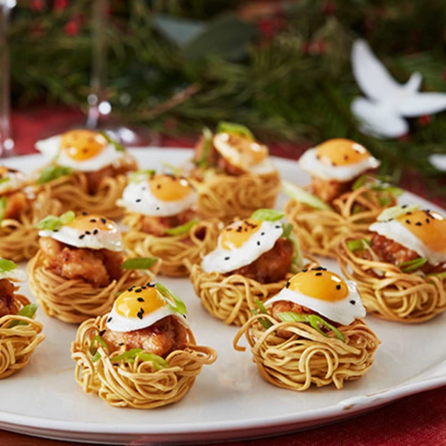 Noodle ‘Nest’ Canapes with Crispy Ginger Chicken