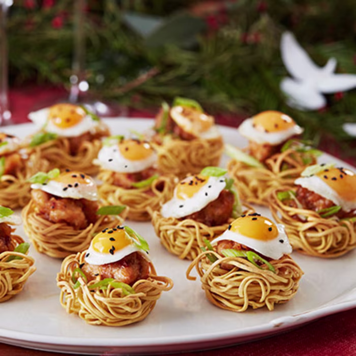 Noodle ‘Nest’ Canapes with Crispy Ginger Chicken