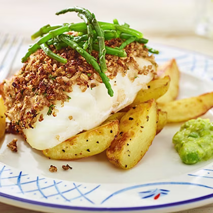 Roast Cod Loin with Balsamic Crumb and New Potato Wedges