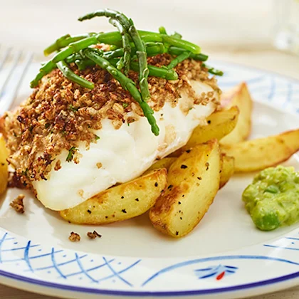 Roast Cod Loin with Balsamic Crumb and New Potato Wedges