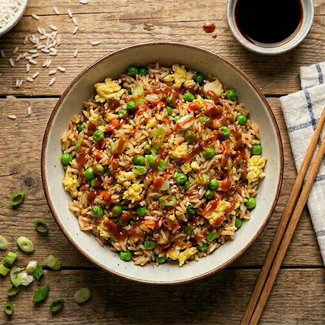 egg fried rice with peas and spring onion