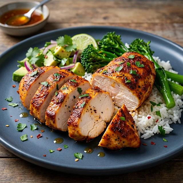 sliced Chicken Breast on bed of rice with salad