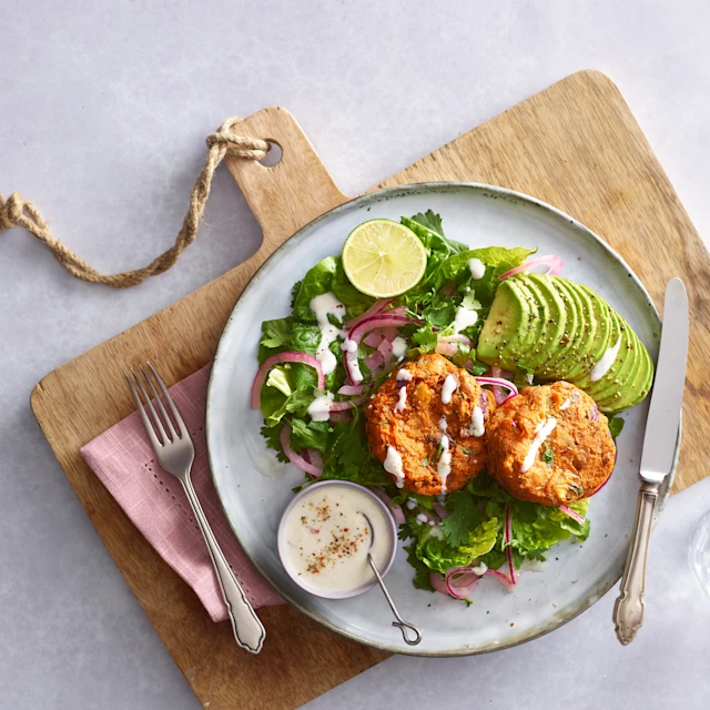 Sweet Potato Bean Burger with Vegan Lime Yoghurt Dressing