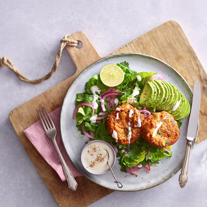 Sweet Potato Bean Burger with Vegan Lime Yoghurt Dressing