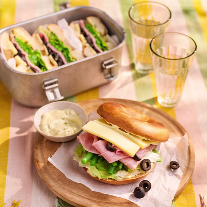 ham, cheese and salad Picnic Sandwich Bagels