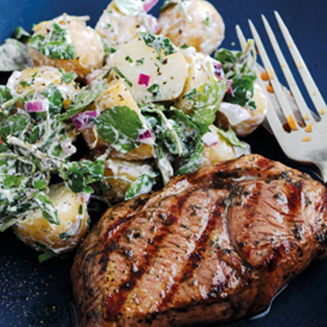 Minty Lamb Steaks with Potato and Watercress Salad