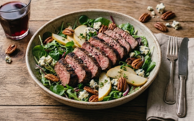 Slices of seared sirloin steak on a bed of mixed leaves with crumbled blue cheese, sliced pears, and caramelised pecans.