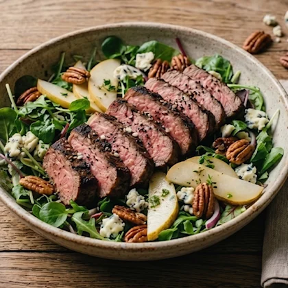 Slices of seared sirloin steak on a bed of mixed leaves with crumbled blue cheese, sliced pears, and caramelised pecans.