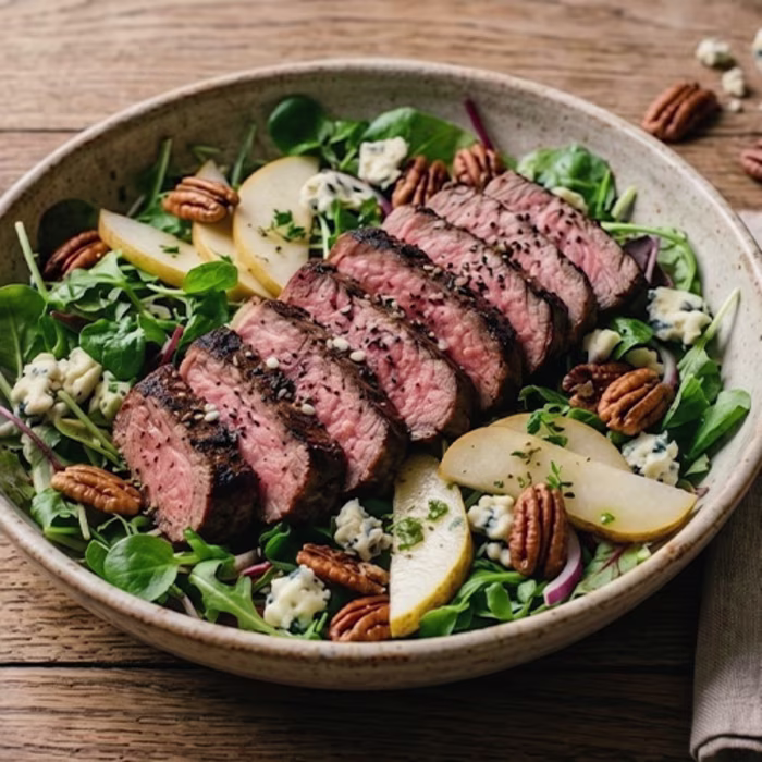 Slices of seared sirloin steak on a bed of mixed leaves with crumbled blue cheese, sliced pears, and caramelised pecans.