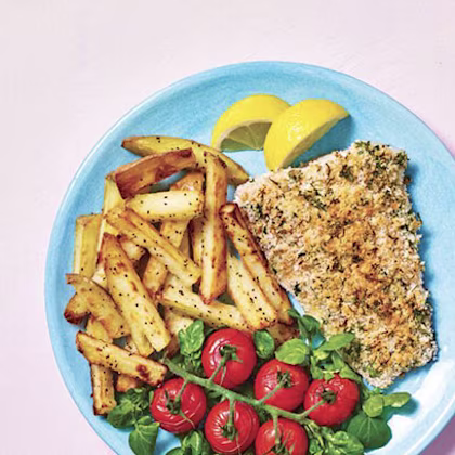 Lighter Fish & Chips with Roast Baby Tomatoes