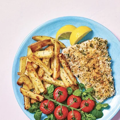 Lighter Fish & Chips with Roast Baby Tomatoes