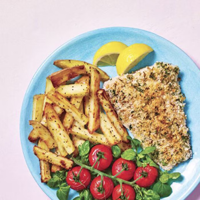 Lighter Fish & Chips with Roast Baby Tomatoes