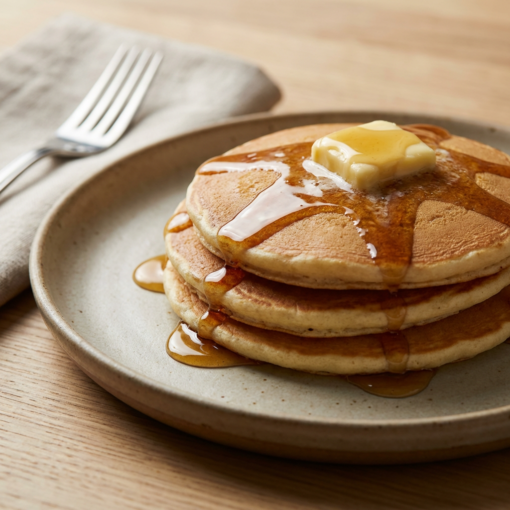 Fluffy American Pancakes covered in maple syrup