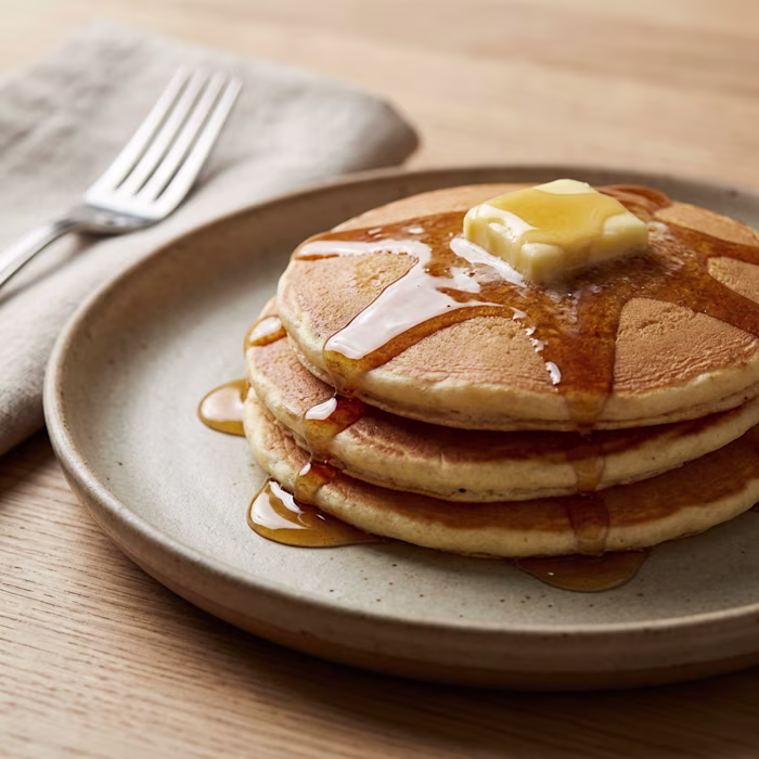 Fluffy American Pancakes covered in maple syrup