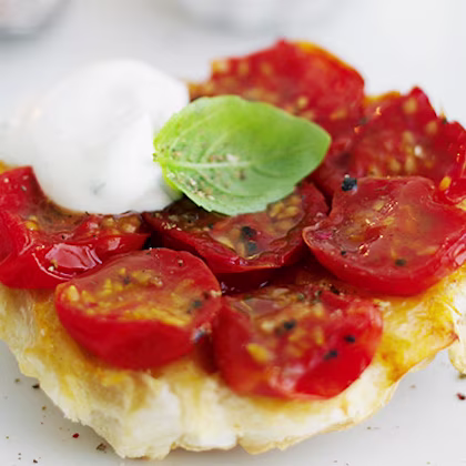 Little Cherry Tomato Tarte Tatins with Basil Cream