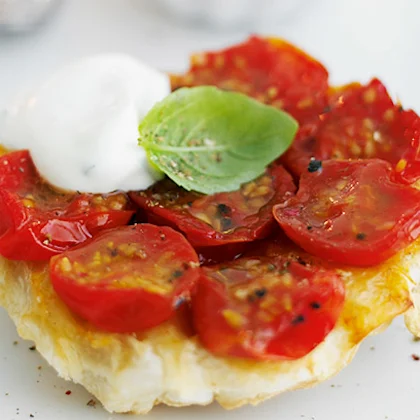 Little Cherry Tomato Tarte Tatins with Basil Cream